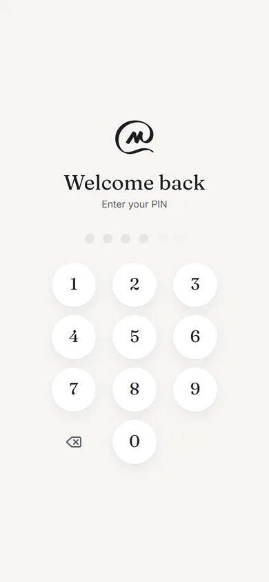 Murmr’s lock screen: Welcome back, enter your PIN